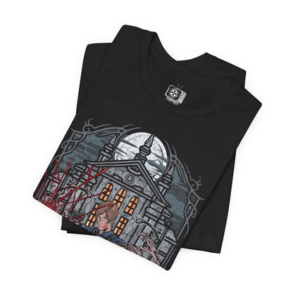 Image 5 of a T-shirt design of Leon S. Kennedy from Resident Evil 2, a rookie police officer battling through a zombie outbreak in Raccoon City, standing in a dimly lit street filled with chaos. He aims his handgun at approaching undead as shadows close in around him, capturing a determined survivor defined by courage, precision, and relentless pressure.
