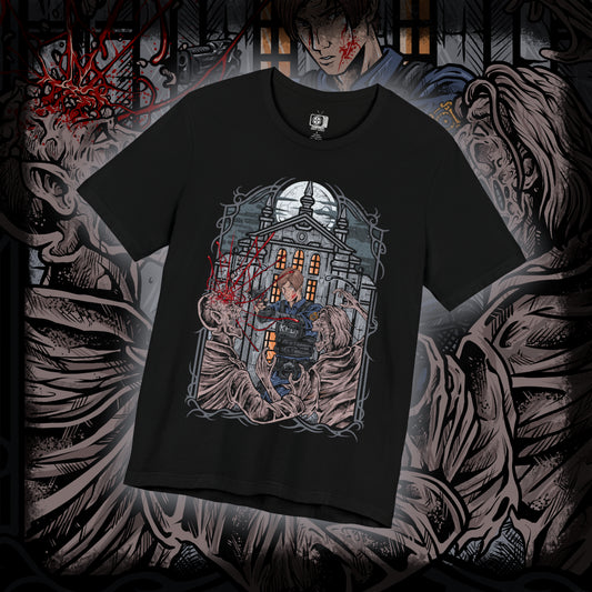 Thumbnail of a T-shirt design of Leon S. Kennedy from Resident Evil 2, a rookie police officer battling through a zombie outbreak in Raccoon City, standing in a dimly lit street filled with chaos. He aims his handgun at approaching undead as shadows close in around him, capturing a determined survivor defined by courage, precision, and relentless pressure.