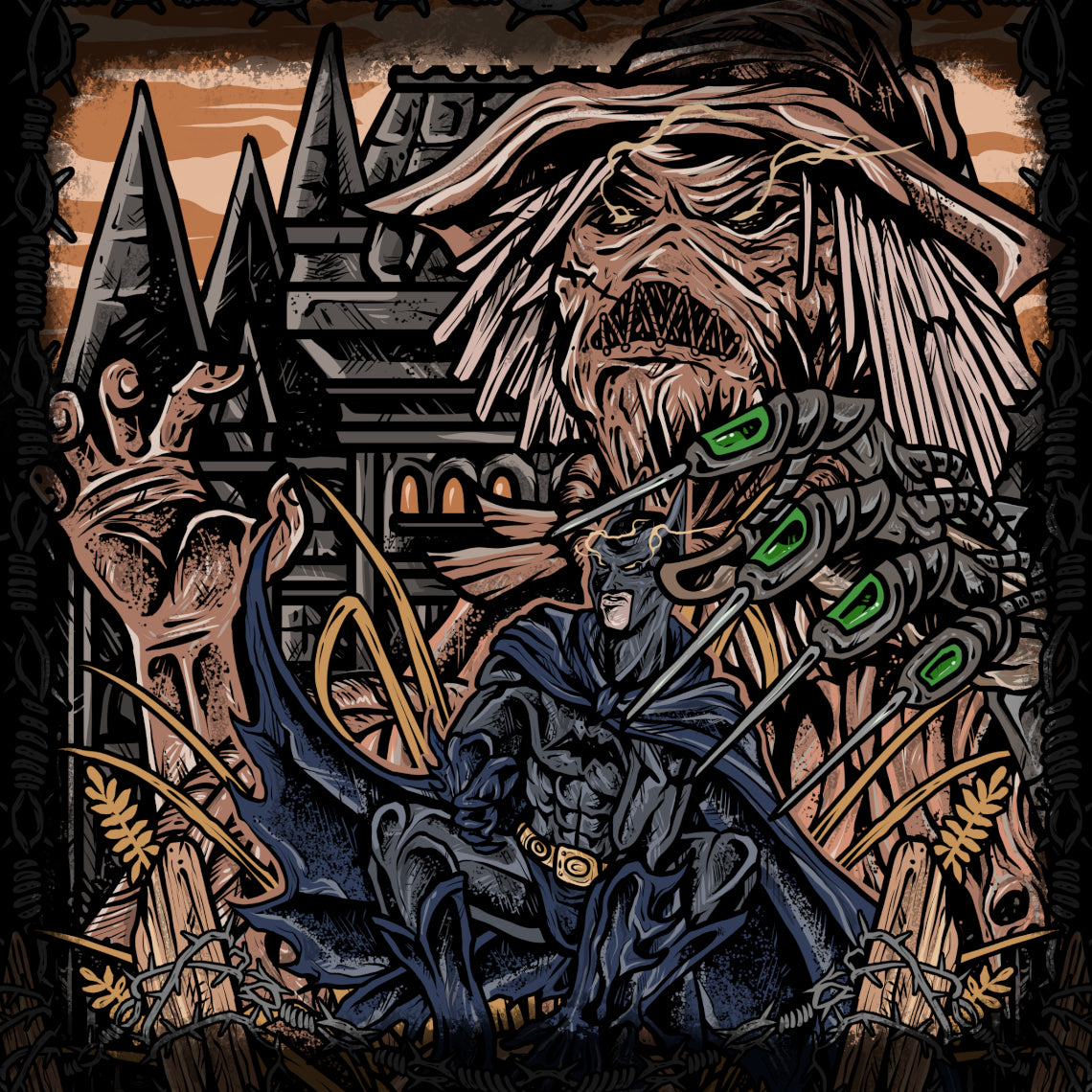 Concept Art of Scarecrow. Scarecrow embodies the psychological horror of fear itself within the DC Universe. Armed with his signature fear toxin and grotesque burlap mask, Jonathan Crane turns nightmares into weapons against both heroes and civilians. His obsession with terror and human psychology has made him one of the most iconic adversaries in Gotham's history.