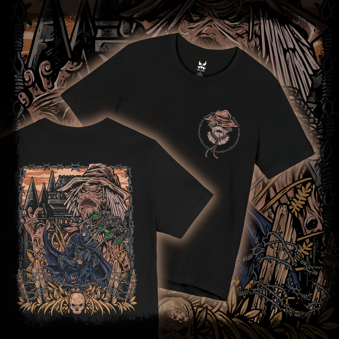 Thumbnail of a T-Shirt artwork depicting Batman surrounded by Scarecrow’s fear toxin hallucinations, with monstrous shadows, decaying buildings, and swirling toxic gas consuming Gotham’s streets. Scarecrow watches from the darkness, his syringe glove ready to unleash another dose of terror. This design reflects the mental warfare between hero and villain, where courage is tested against unimaginable nightmares.