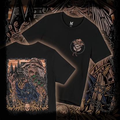 Thumbnail of a T-Shirt artwork depicting Batman surrounded by Scarecrow’s fear toxin hallucinations, with monstrous shadows, decaying buildings, and swirling toxic gas consuming Gotham’s streets. Scarecrow watches from the darkness, his syringe glove ready to unleash another dose of terror. This design reflects the mental warfare between hero and villain, where courage is tested against unimaginable nightmares.