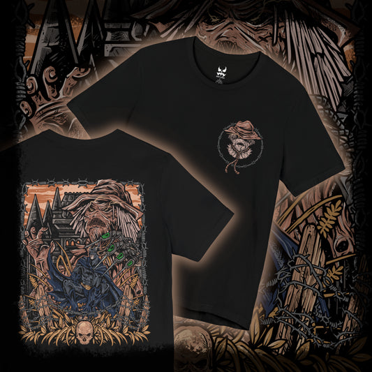 Thumbnail of a T-Shirt artwork depicting Batman surrounded by Scarecrow’s fear toxin hallucinations, with monstrous shadows, decaying buildings, and swirling toxic gas consuming Gotham’s streets. Scarecrow watches from the darkness, his syringe glove ready to unleash another dose of terror. This design reflects the mental warfare between hero and villain, where courage is tested against unimaginable nightmares.