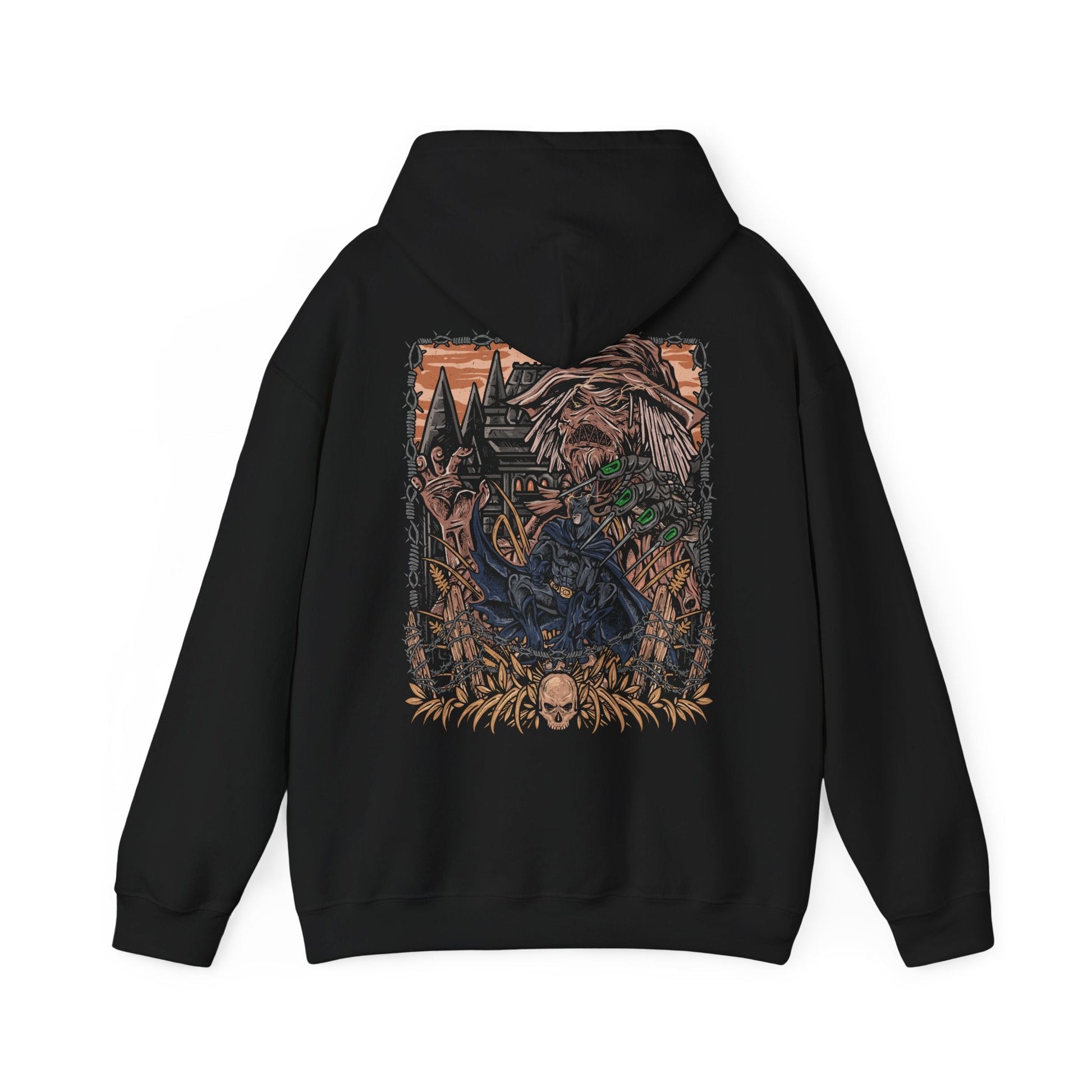 Image 5 of a Hooded Sweatshirt of Scarecrow emerging from a cloud of fear toxin while Batman advances through the poisonous haze beneath a storm-filled Gotham sky. The Dark Knight’s silhouette cuts through the nightmare as twisted crows and ghostly apparitions circle overhead. The composition emphasizes psychological horror, unwavering determination, and the iconic rivalry between Gotham’s greatest protector and its master of fear.