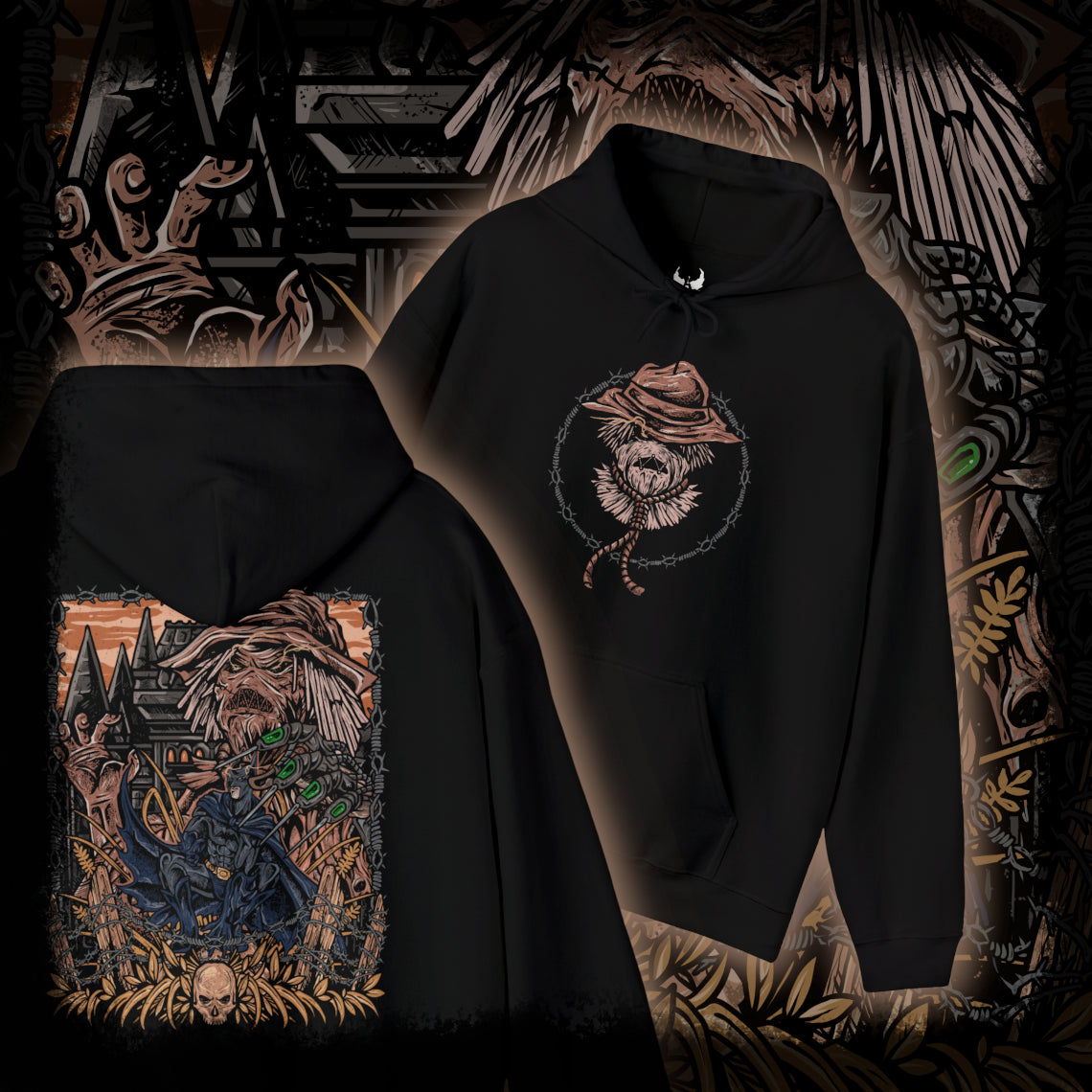 Thumbnail of a Hooded Sweatshirt of Scarecrow emerging from a cloud of fear toxin while Batman advances through the poisonous haze beneath a storm-filled Gotham sky. The Dark Knight’s silhouette cuts through the nightmare as twisted crows and ghostly apparitions circle overhead. The composition emphasizes psychological horror, unwavering determination, and the iconic rivalry between Gotham’s greatest protector and its master of fear.