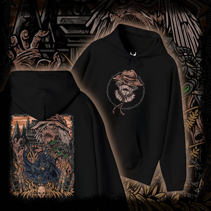 Thumbnail of a Hooded Sweatshirt of Scarecrow emerging from a cloud of fear toxin while Batman advances through the poisonous haze beneath a storm-filled Gotham sky. The Dark Knight’s silhouette cuts through the nightmare as twisted crows and ghostly apparitions circle overhead. The composition emphasizes psychological horror, unwavering determination, and the iconic rivalry between Gotham’s greatest protector and its master of fear.