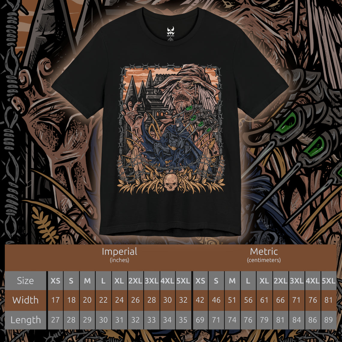 Size chart of a T-Shirt design of Scarecrow confronting Batman in a nightmare version of Gotham City, where fear toxin transforms the skyline into a twisted landscape of darkness and decay. Scarecrow’s tattered robes and sinister mask loom through toxic green mist as Batman stands defiant against horrifying visions. The design captures psychological terror, resilience, and the eternal battle between fear and justice.