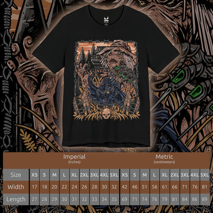 Size chart of a T-Shirt design of Scarecrow confronting Batman in a nightmare version of Gotham City, where fear toxin transforms the skyline into a twisted landscape of darkness and decay. Scarecrow’s tattered robes and sinister mask loom through toxic green mist as Batman stands defiant against horrifying visions. The design captures psychological terror, resilience, and the eternal battle between fear and justice.