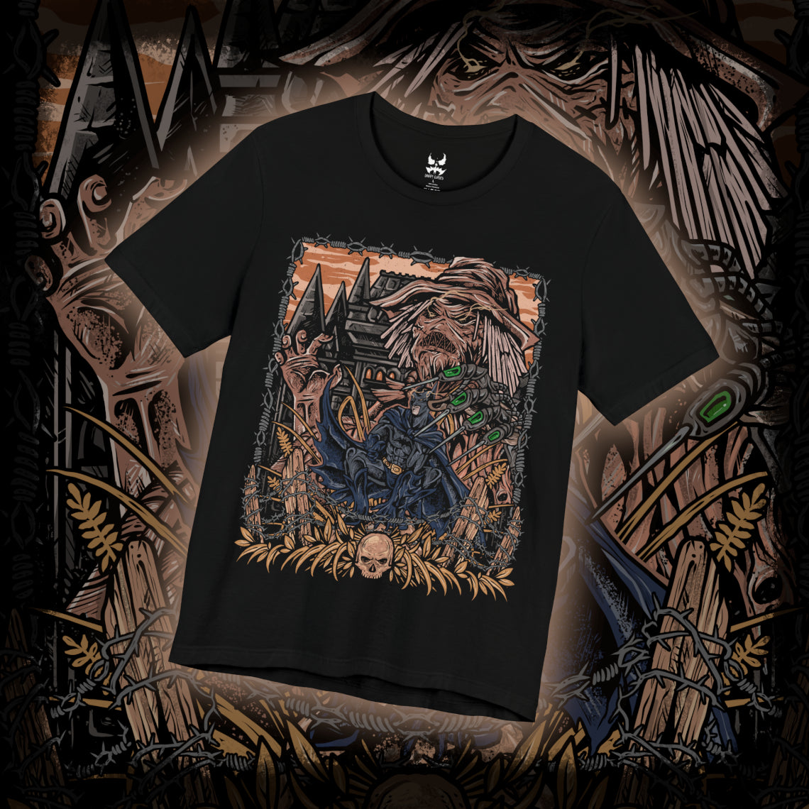 Thumbnail of a T-Shirt design of Scarecrow confronting Batman in a nightmare version of Gotham City, where fear toxin transforms the skyline into a twisted landscape of darkness and decay. Scarecrow’s tattered robes and sinister mask loom through toxic green mist as Batman stands defiant against horrifying visions. The design captures psychological terror, resilience, and the eternal battle between fear and justice.
