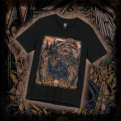 Thumbnail of a T-Shirt design of Scarecrow confronting Batman in a nightmare version of Gotham City, where fear toxin transforms the skyline into a twisted landscape of darkness and decay. Scarecrow’s tattered robes and sinister mask loom through toxic green mist as Batman stands defiant against horrifying visions. The design captures psychological terror, resilience, and the eternal battle between fear and justice.
