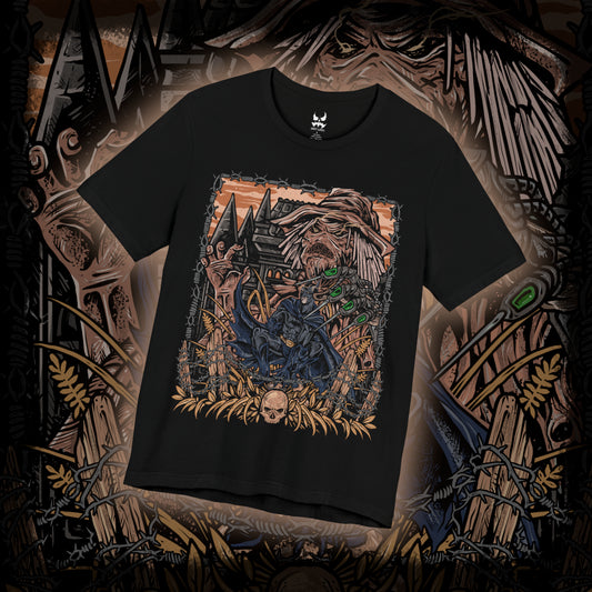 Thumbnail of a T-Shirt design of Scarecrow confronting Batman in a nightmare version of Gotham City, where fear toxin transforms the skyline into a twisted landscape of darkness and decay. Scarecrow’s tattered robes and sinister mask loom through toxic green mist as Batman stands defiant against horrifying visions. The design captures psychological terror, resilience, and the eternal battle between fear and justice.