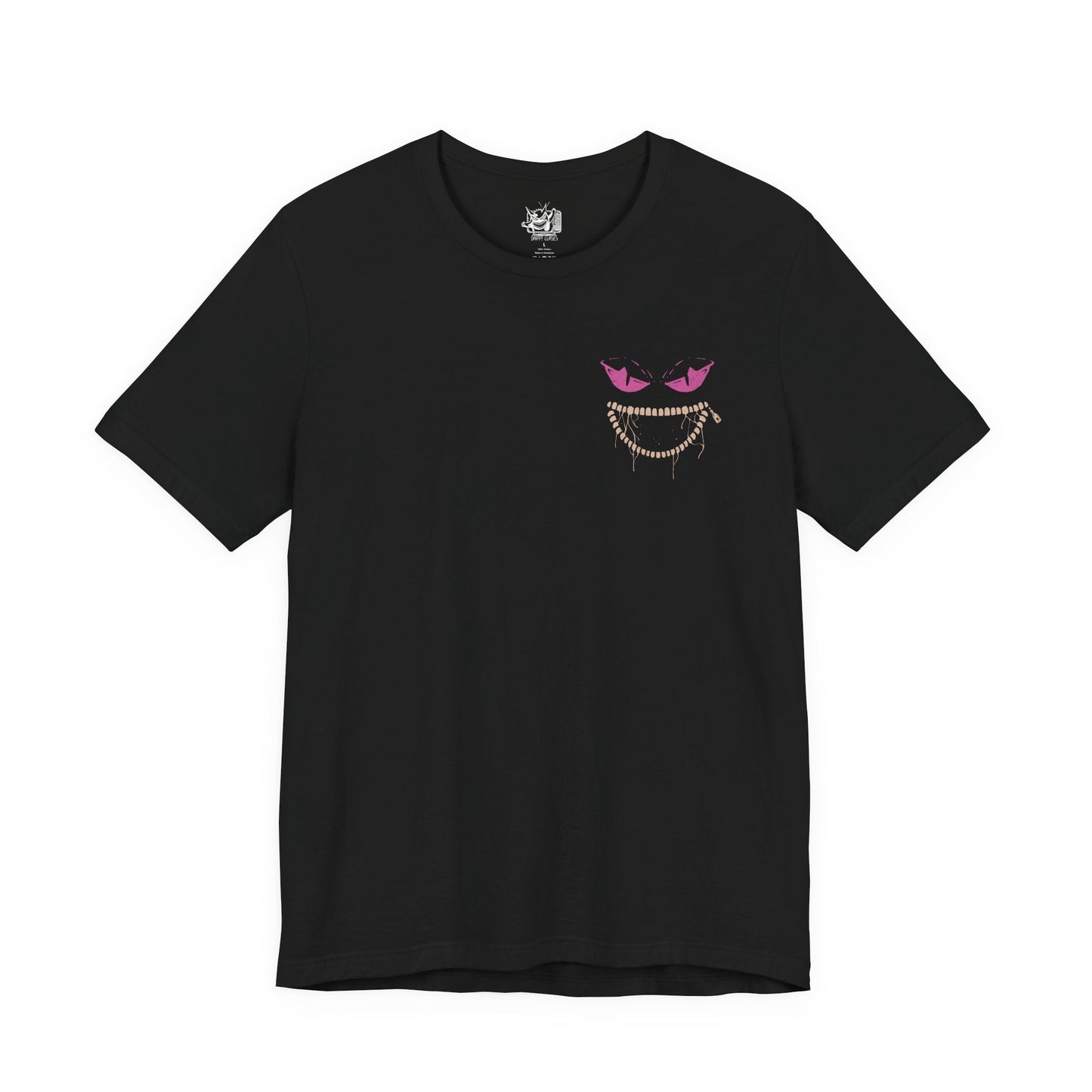 Image 4 of a T-shirt artwork depicting Mega Banette hovering in a moonlit alley, its stitched limbs stretched unnaturally as dark aura swirls from its unzipped torso. The piercing gaze and chaotic energy emphasize its transformation through Mega Evolution, where suppressed hatred becomes overwhelming power. This design reflects haunting presence, supernatural intensity, and the terrifying charm of ghost-type Pokémon.