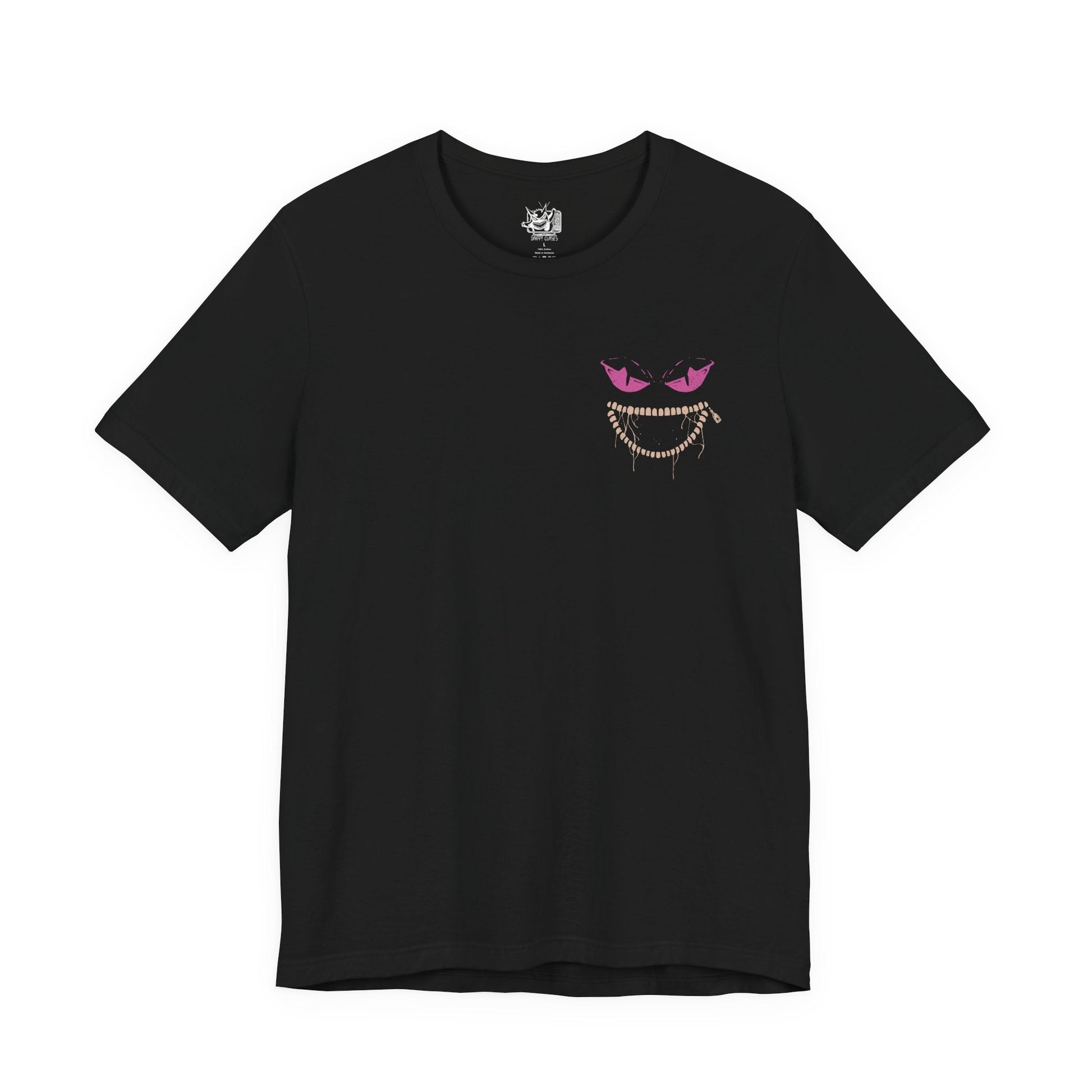 Image 4 of a T-shirt artwork depicting Mega Banette hovering in a moonlit alley, its stitched limbs stretched unnaturally as dark aura swirls from its unzipped torso. The piercing gaze and chaotic energy emphasize its transformation through Mega Evolution, where suppressed hatred becomes overwhelming power. This design reflects haunting presence, supernatural intensity, and the terrifying charm of ghost-type Pokémon.