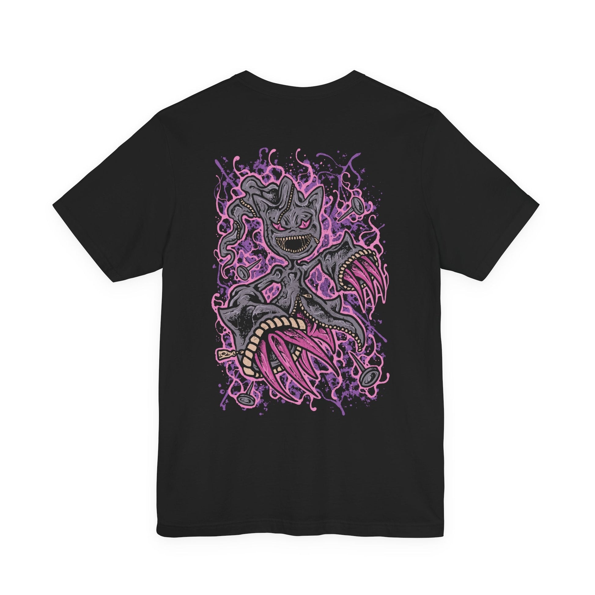 Image 5 of a T-shirt artwork depicting Mega Banette hovering in a moonlit alley, its stitched limbs stretched unnaturally as dark aura swirls from its unzipped torso. The piercing gaze and chaotic energy emphasize its transformation through Mega Evolution, where suppressed hatred becomes overwhelming power. This design reflects haunting presence, supernatural intensity, and the terrifying charm of ghost-type Pokémon.