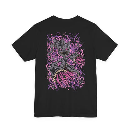 Image 5 of a T-shirt artwork depicting Mega Banette hovering in a moonlit alley, its stitched limbs stretched unnaturally as dark aura swirls from its unzipped torso. The piercing gaze and chaotic energy emphasize its transformation through Mega Evolution, where suppressed hatred becomes overwhelming power. This design reflects haunting presence, supernatural intensity, and the terrifying charm of ghost-type Pokémon.