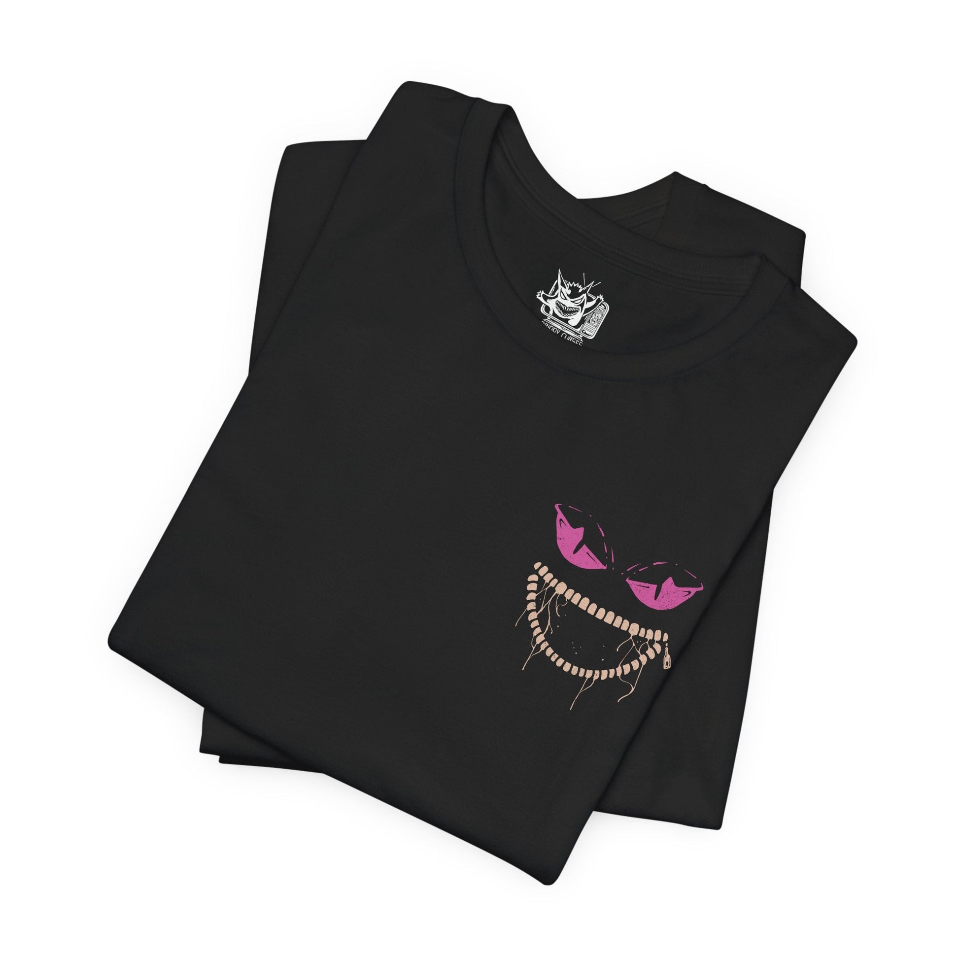 Image 6 of a T-shirt artwork depicting Mega Banette hovering in a moonlit alley, its stitched limbs stretched unnaturally as dark aura swirls from its unzipped torso. The piercing gaze and chaotic energy emphasize its transformation through Mega Evolution, where suppressed hatred becomes overwhelming power. This design reflects haunting presence, supernatural intensity, and the terrifying charm of ghost-type Pokémon.