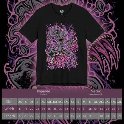 Size chart of a T-shirt artwork depicting Mega Banette hovering in a moonlit alley, its stitched limbs stretched unnaturally as dark aura swirls from its unzipped torso. The piercing gaze and chaotic energy emphasize its transformation through Mega Evolution, where suppressed hatred becomes overwhelming power. This design reflects haunting presence, supernatural intensity, and the terrifying charm of ghost-type Pokémon.