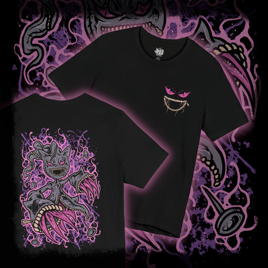Thumbnail of a T-shirt artwork depicting Mega Banette hovering in a moonlit alley, its stitched limbs stretched unnaturally as dark aura swirls from its unzipped torso. The piercing gaze and chaotic energy emphasize its transformation through Mega Evolution, where suppressed hatred becomes overwhelming power. This design reflects haunting presence, supernatural intensity, and the terrifying charm of ghost-type Pokémon.