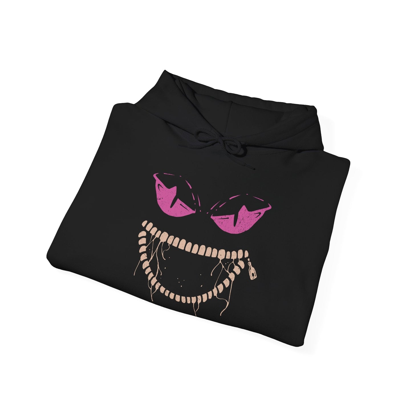 Image 6 of a Hooded Sweatshirt of Mega Banette floating against a stormy night sky, zipper jaw opened wide as purple shadow energy bursts outward. Its puppet-like frame twists with amplified curse power, symbolizing the unleashed grudge that defines its Mega form. The composition highlights eerie evolution, spectral aggression, and the darker side of Pokémon’s ghostly transformations.