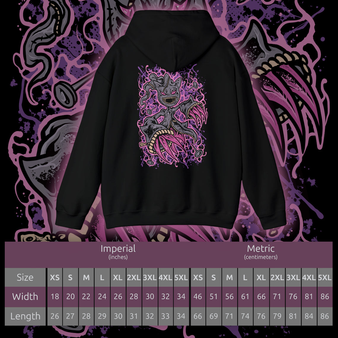 Size chart of a Hooded Sweatshirt of Mega Banette floating against a stormy night sky, zipper jaw opened wide as purple shadow energy bursts outward. Its puppet-like frame twists with amplified curse power, symbolizing the unleashed grudge that defines its Mega form. The composition highlights eerie evolution, spectral aggression, and the darker side of Pokémon’s ghostly transformations.