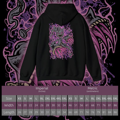 Size chart of a Hooded Sweatshirt of Mega Banette floating against a stormy night sky, zipper jaw opened wide as purple shadow energy bursts outward. Its puppet-like frame twists with amplified curse power, symbolizing the unleashed grudge that defines its Mega form. The composition highlights eerie evolution, spectral aggression, and the darker side of Pokémon’s ghostly transformations.
