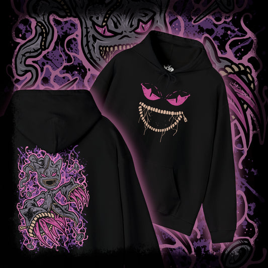 Thumbnail of a Hooded Sweatshirt of Mega Banette floating against a stormy night sky, zipper jaw opened wide as purple shadow energy bursts outward. Its puppet-like frame twists with amplified curse power, symbolizing the unleashed grudge that defines its Mega form. The composition highlights eerie evolution, spectral aggression, and the darker side of Pokémon’s ghostly transformations.