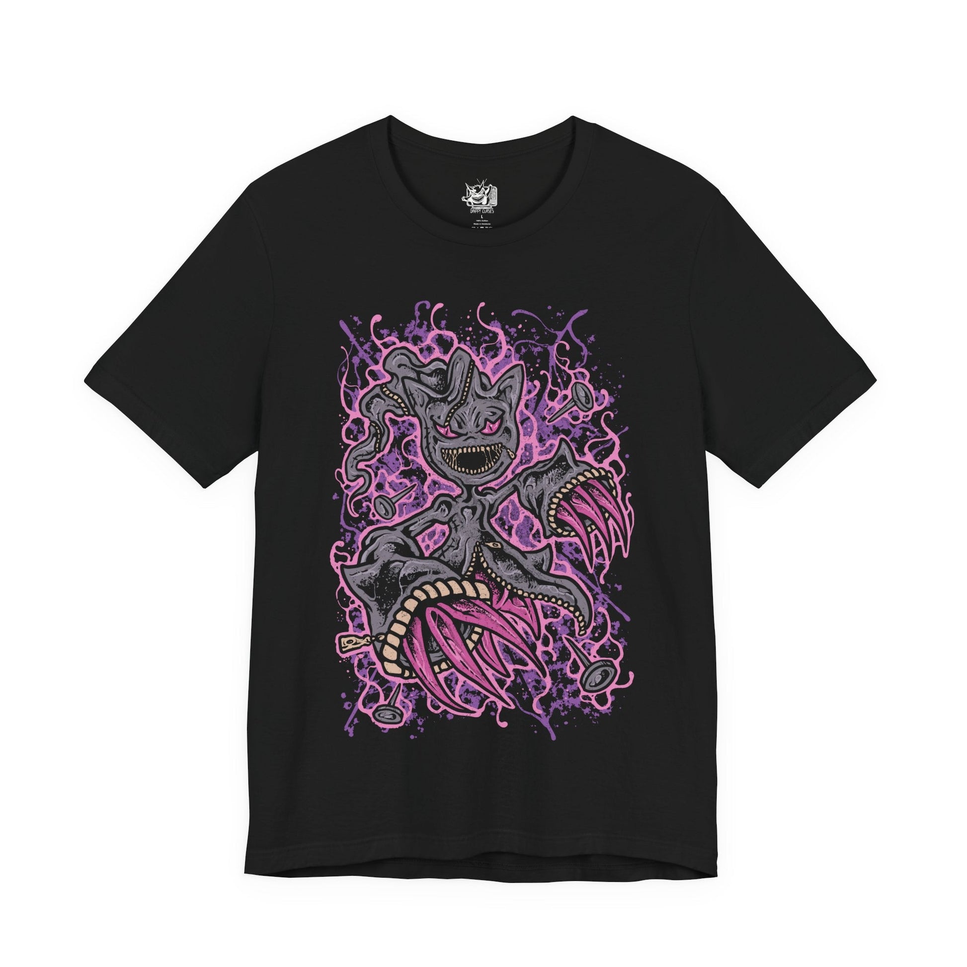 Image 4 of a T-shirt design of Mega Banette from Pokémon, emerging from torn shadows with its zipper mouth split open and glowing crimson eyes fixed forward. Jagged yellow energy crackles around its possessed doll body as spectral claws extend outward. The design captures the vengeful spirit sealed within Banette’s Mega Evolution, embodying curse energy, resentment, and ghost-type menace.