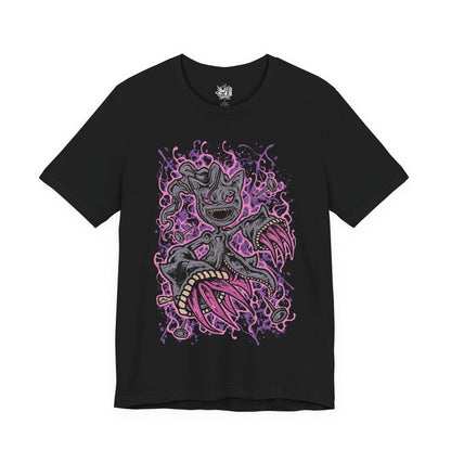 Image 4 of a T-shirt design of Mega Banette from Pokémon, emerging from torn shadows with its zipper mouth split open and glowing crimson eyes fixed forward. Jagged yellow energy crackles around its possessed doll body as spectral claws extend outward. The design captures the vengeful spirit sealed within Banette’s Mega Evolution, embodying curse energy, resentment, and ghost-type menace.