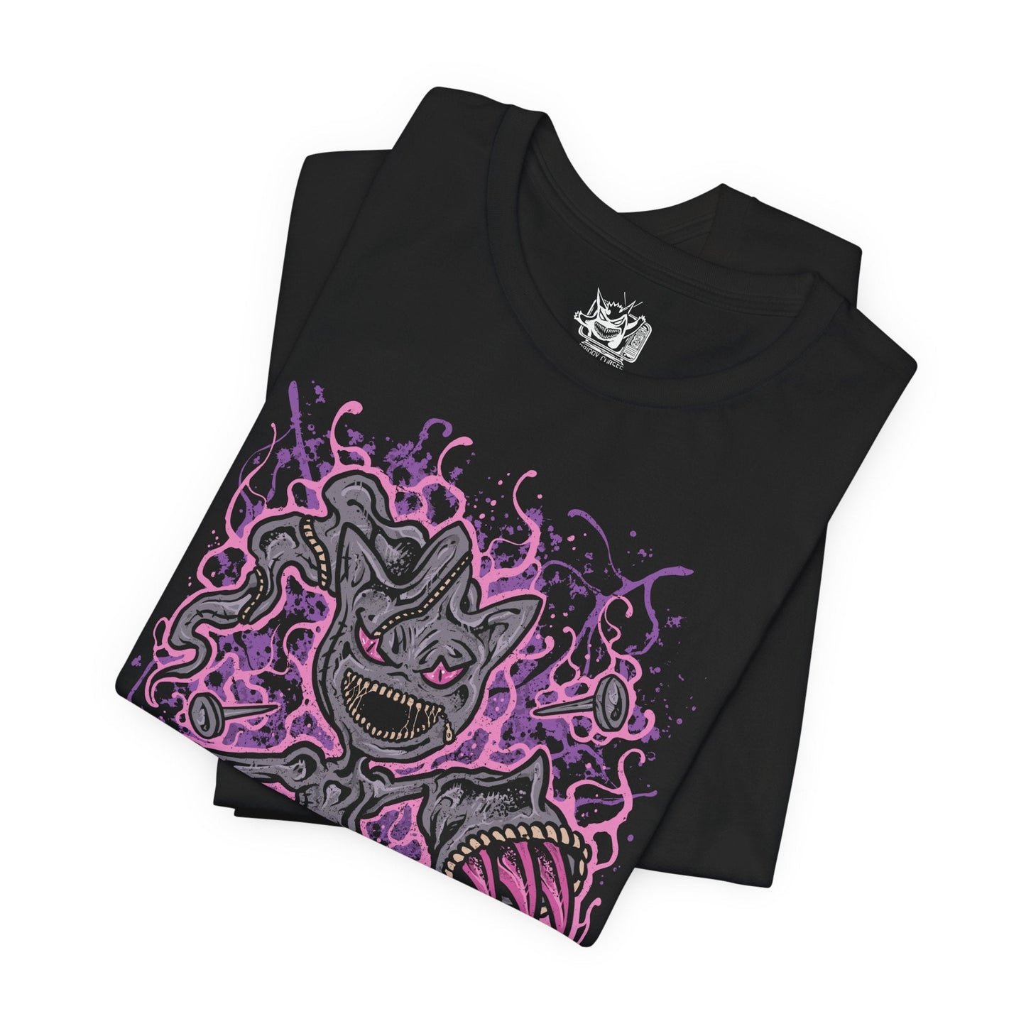 Image 5 of a T-shirt design of Mega Banette from Pokémon, emerging from torn shadows with its zipper mouth split open and glowing crimson eyes fixed forward. Jagged yellow energy crackles around its possessed doll body as spectral claws extend outward. The design captures the vengeful spirit sealed within Banette’s Mega Evolution, embodying curse energy, resentment, and ghost-type menace.