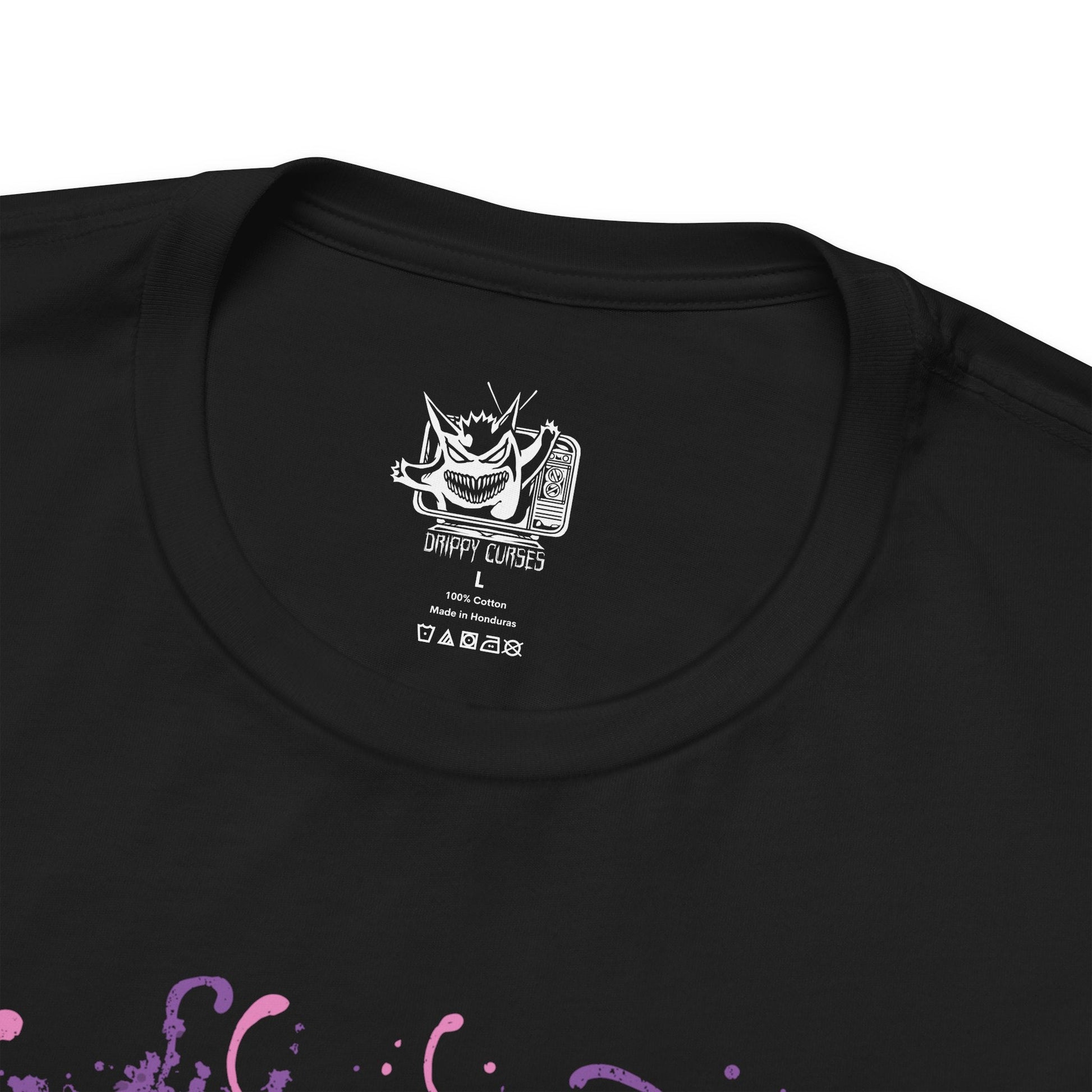 Folded T-shirt design of Mega Banette from Pokémon, emerging from torn shadows with its zipper mouth split open and glowing crimson eyes fixed forward. Jagged yellow energy crackles around its possessed doll body as spectral claws extend outward. The design captures the vengeful spirit sealed within Banette’s Mega Evolution, embodying curse energy, resentment, and ghost-type menace.