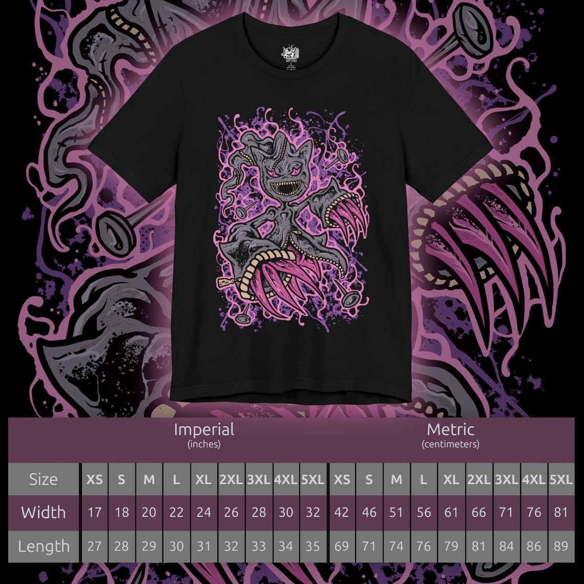 Size chart of a T-shirt design of Mega Banette from Pokémon, emerging from torn shadows with its zipper mouth split open and glowing crimson eyes fixed forward. Jagged yellow energy crackles around its possessed doll body as spectral claws extend outward. The design captures the vengeful spirit sealed within Banette’s Mega Evolution, embodying curse energy, resentment, and ghost-type menace.