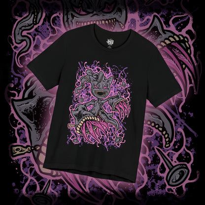 Thumbnail of a T-shirt design of Mega Banette from Pokémon, emerging from torn shadows with its zipper mouth split open and glowing crimson eyes fixed forward. Jagged yellow energy crackles around its possessed doll body as spectral claws extend outward. The design captures the vengeful spirit sealed within Banette’s Mega Evolution, embodying curse energy, resentment, and ghost-type menace.