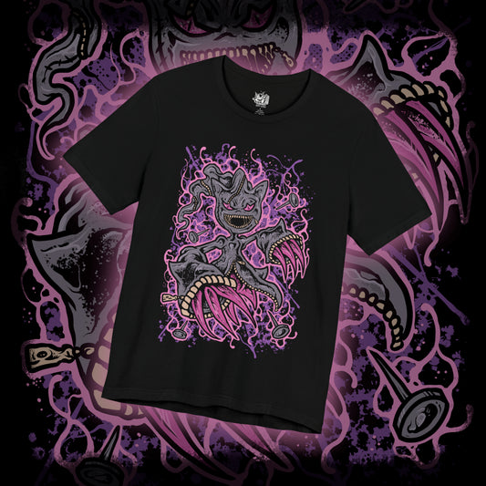 Thumbnail of a T-shirt design of Mega Banette from Pokémon, emerging from torn shadows with its zipper mouth split open and glowing crimson eyes fixed forward. Jagged yellow energy crackles around its possessed doll body as spectral claws extend outward. The design captures the vengeful spirit sealed within Banette’s Mega Evolution, embodying curse energy, resentment, and ghost-type menace.