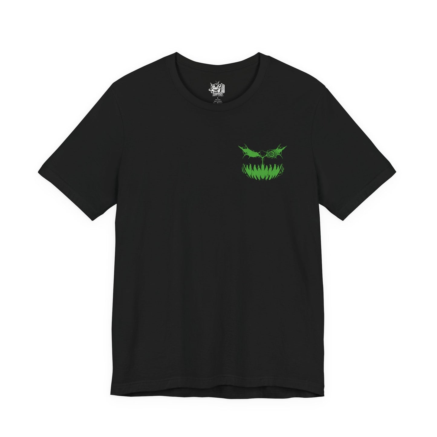 Image 4 of a T-shirt artwork depicting Spiritomb manifesting from the Odd Keystone, its ghostly mass twisting into a storm of glowing eyes and whispering faces. Purple shadow energy spirals through the air as ancient runes and broken stones surround the cursed monument. This design reflects the myth of the 108 malicious spirits sealed together, forming one of Pokémon’s most mysterious and sinister entities.