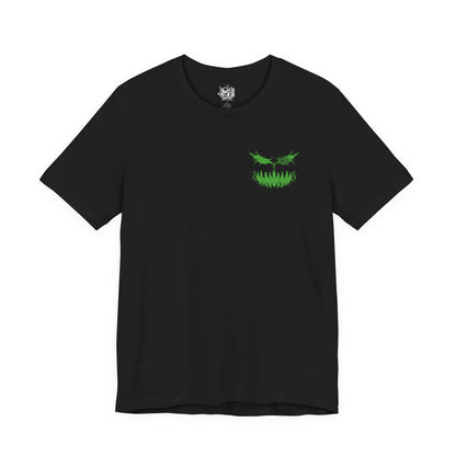 Image 4 of a T-shirt artwork depicting Spiritomb manifesting from the Odd Keystone, its ghostly mass twisting into a storm of glowing eyes and whispering faces. Purple shadow energy spirals through the air as ancient runes and broken stones surround the cursed monument. This design reflects the myth of the 108 malicious spirits sealed together, forming one of Pokémon’s most mysterious and sinister entities.
