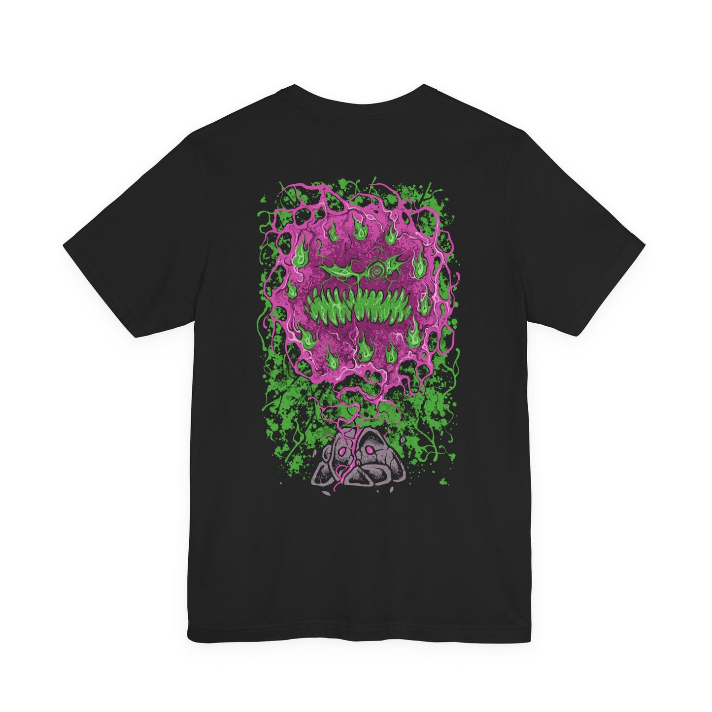 Image 5 of a T-shirt artwork depicting Spiritomb manifesting from the Odd Keystone, its ghostly mass twisting into a storm of glowing eyes and whispering faces. Purple shadow energy spirals through the air as ancient runes and broken stones surround the cursed monument. This design reflects the myth of the 108 malicious spirits sealed together, forming one of Pokémon’s most mysterious and sinister entities.