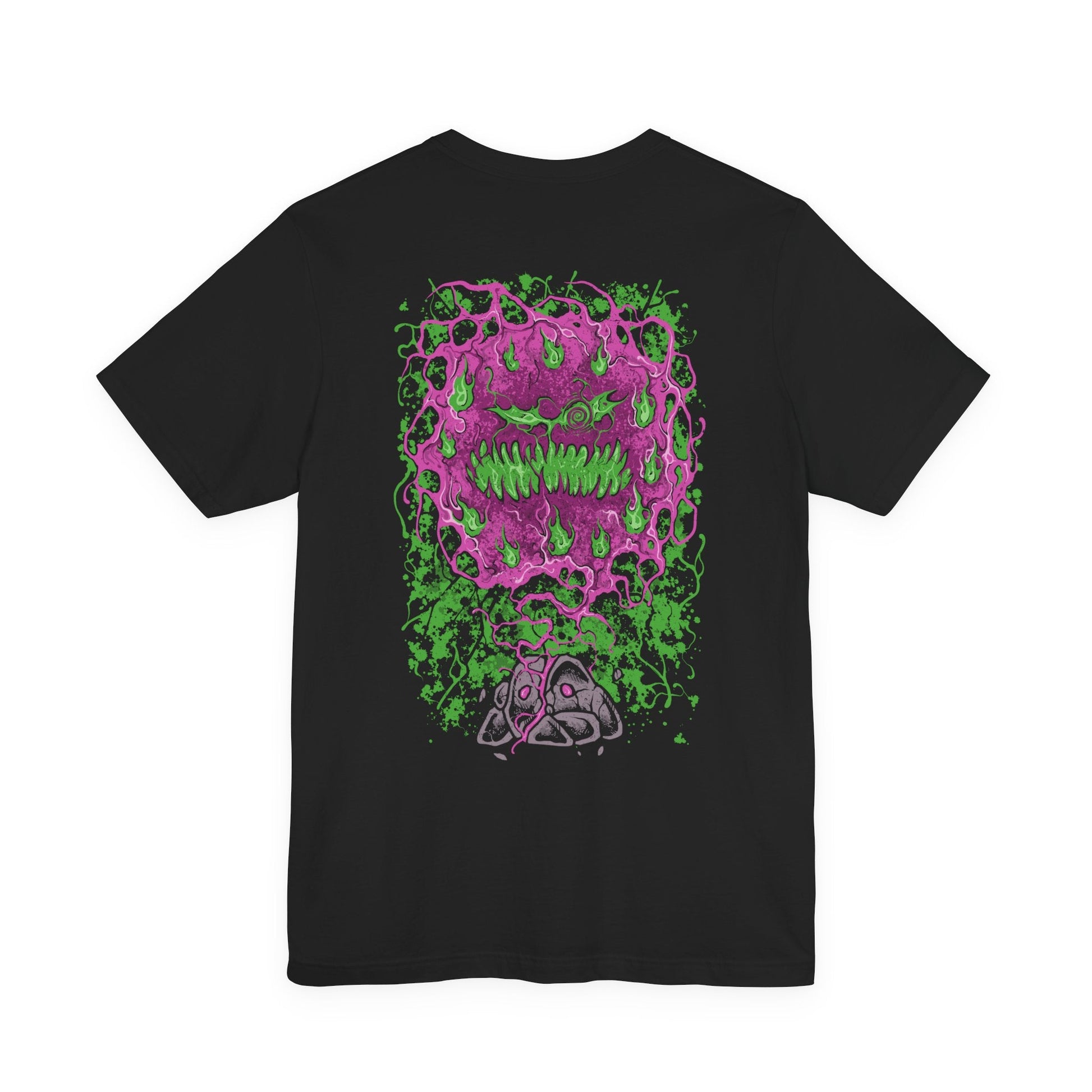 Image 5 of a T-shirt artwork depicting Spiritomb manifesting from the Odd Keystone, its ghostly mass twisting into a storm of glowing eyes and whispering faces. Purple shadow energy spirals through the air as ancient runes and broken stones surround the cursed monument. This design reflects the myth of the 108 malicious spirits sealed together, forming one of Pokémon’s most mysterious and sinister entities.