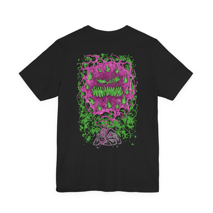 Image 5 of a T-shirt artwork depicting Spiritomb manifesting from the Odd Keystone, its ghostly mass twisting into a storm of glowing eyes and whispering faces. Purple shadow energy spirals through the air as ancient runes and broken stones surround the cursed monument. This design reflects the myth of the 108 malicious spirits sealed together, forming one of Pokémon’s most mysterious and sinister entities.