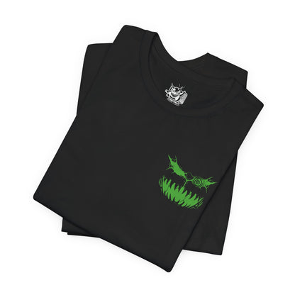 Image 6 of a T-shirt artwork depicting Spiritomb manifesting from the Odd Keystone, its ghostly mass twisting into a storm of glowing eyes and whispering faces. Purple shadow energy spirals through the air as ancient runes and broken stones surround the cursed monument. This design reflects the myth of the 108 malicious spirits sealed together, forming one of Pokémon’s most mysterious and sinister entities.