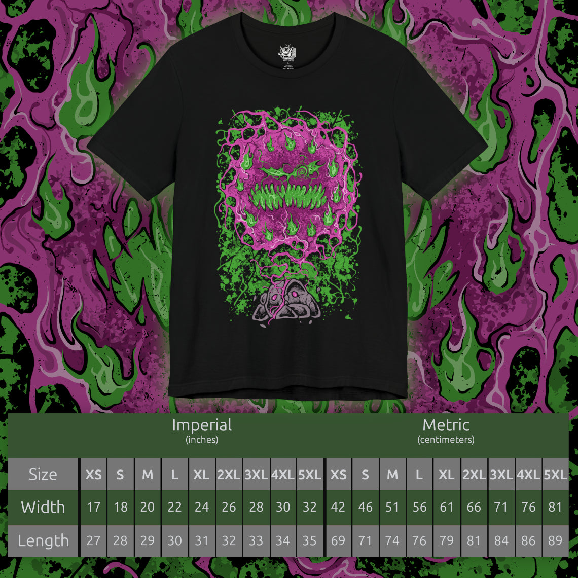 Size chart of a T-shirt artwork depicting Spiritomb manifesting from the Odd Keystone, its ghostly mass twisting into a storm of glowing eyes and whispering faces. Purple shadow energy spirals through the air as ancient runes and broken stones surround the cursed monument. This design reflects the myth of the 108 malicious spirits sealed together, forming one of Pokémon’s most mysterious and sinister entities.
