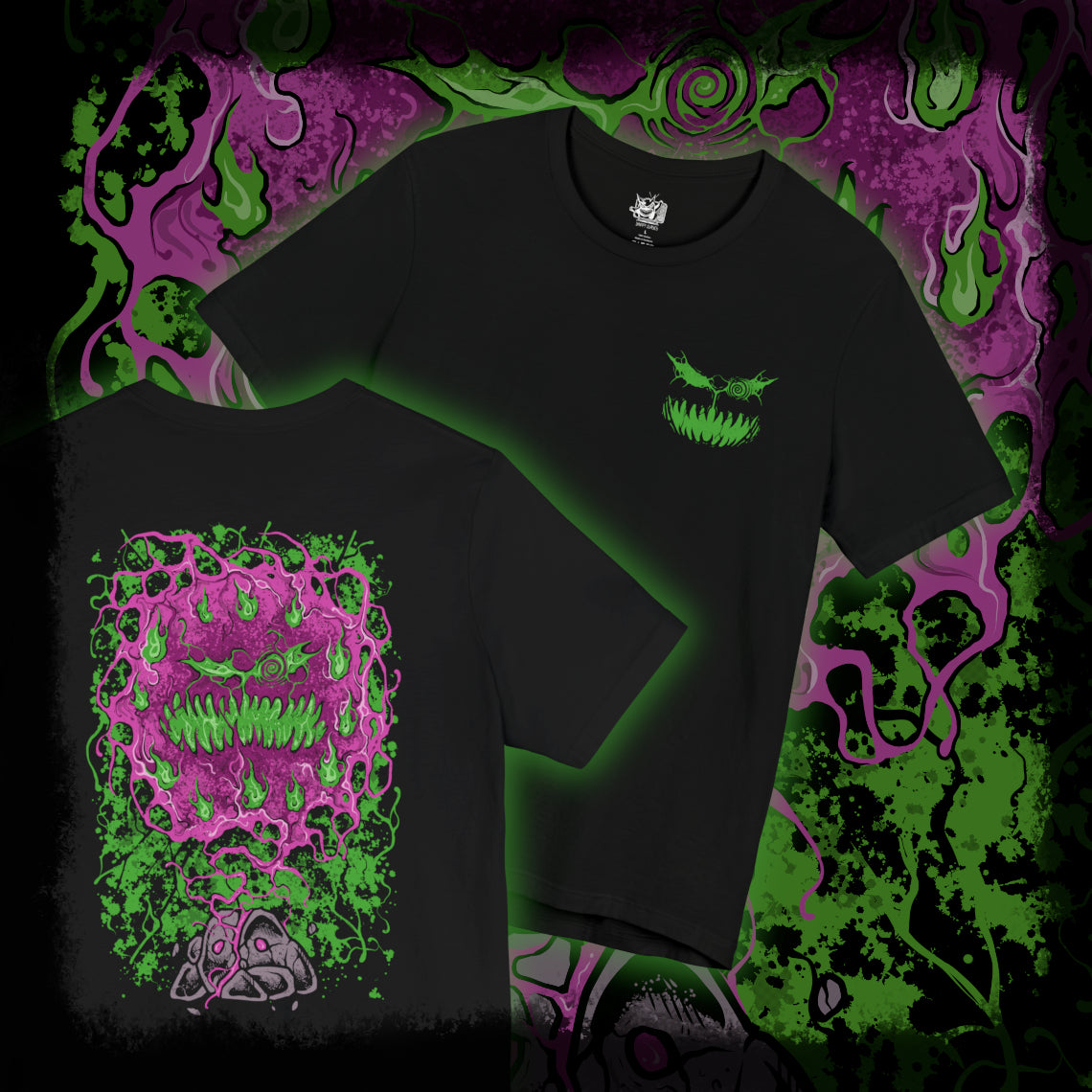 Thumbnail of a T-shirt artwork depicting Spiritomb manifesting from the Odd Keystone, its ghostly mass twisting into a storm of glowing eyes and whispering faces. Purple shadow energy spirals through the air as ancient runes and broken stones surround the cursed monument. This design reflects the myth of the 108 malicious spirits sealed together, forming one of Pokémon’s most mysterious and sinister entities.