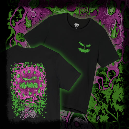 Thumbnail of a T-shirt artwork depicting Spiritomb manifesting from the Odd Keystone, its ghostly mass twisting into a storm of glowing eyes and whispering faces. Purple shadow energy spirals through the air as ancient runes and broken stones surround the cursed monument. This design reflects the myth of the 108 malicious spirits sealed together, forming one of Pokémon’s most mysterious and sinister entities.