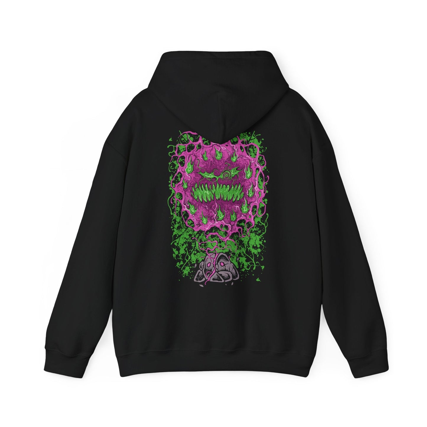 Image 5 of a Hooded Sweatshirt of Spiritomb erupting from the cracked Odd Keystone, a swirling cloud of spectral faces glowing in violet light. Dark mist coils across the ground while ghostly energy distorts the air around the cursed stone. The composition emphasizes supernatural horror, imprisoned souls, and the ancient folklore that defines Spiritomb’s eerie presence in the Pokémon world.
