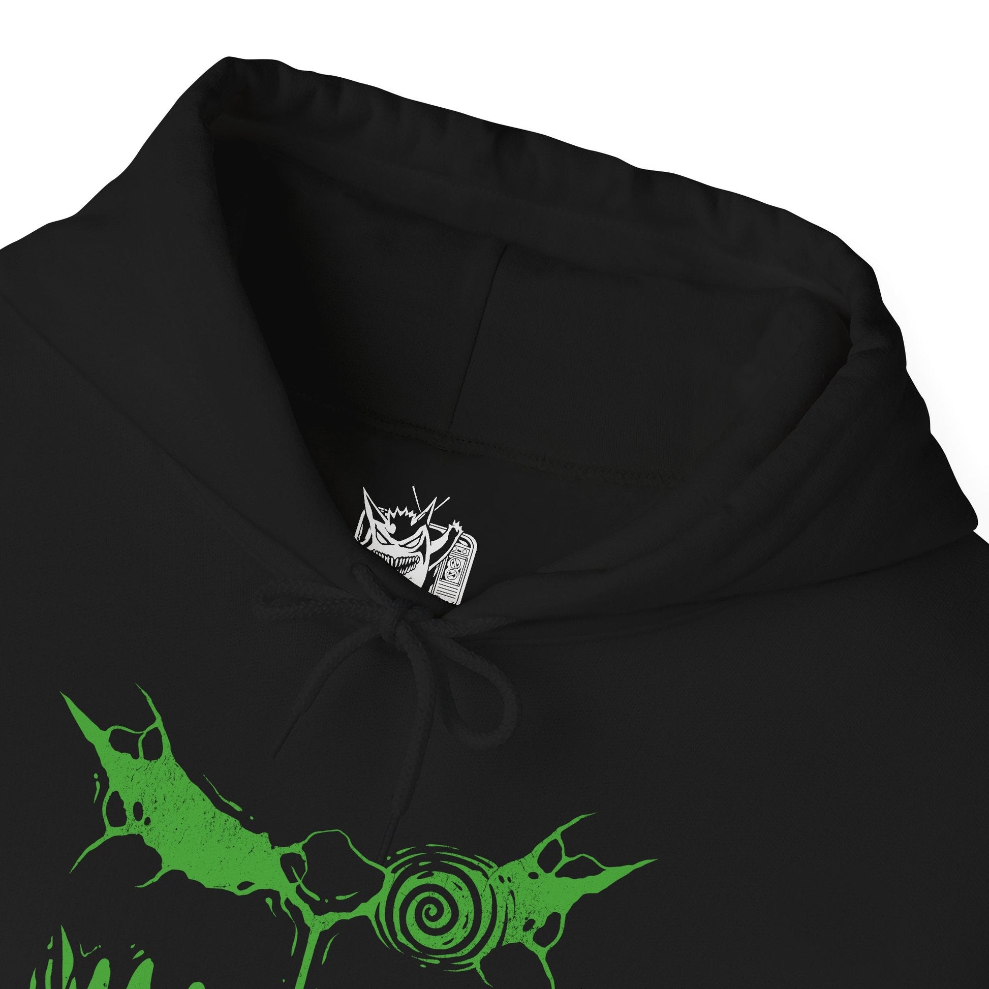 Folded Hooded Sweatshirt of Spiritomb erupting from the cracked Odd Keystone, a swirling cloud of spectral faces glowing in violet light. Dark mist coils across the ground while ghostly energy distorts the air around the cursed stone. The composition emphasizes supernatural horror, imprisoned souls, and the ancient folklore that defines Spiritomb’s eerie presence in the Pokémon world.