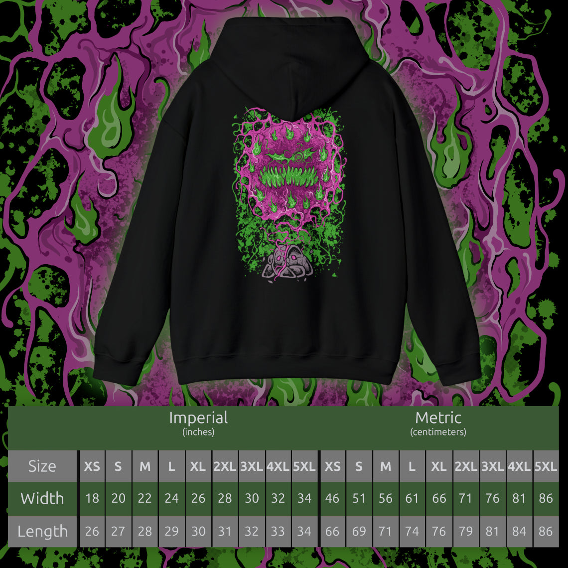 Size chart of a Hooded Sweatshirt of Spiritomb erupting from the cracked Odd Keystone, a swirling cloud of spectral faces glowing in violet light. Dark mist coils across the ground while ghostly energy distorts the air around the cursed stone. The composition emphasizes supernatural horror, imprisoned souls, and the ancient folklore that defines Spiritomb’s eerie presence in the Pokémon world.