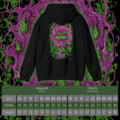 Size chart of a Hooded Sweatshirt of Spiritomb erupting from the cracked Odd Keystone, a swirling cloud of spectral faces glowing in violet light. Dark mist coils across the ground while ghostly energy distorts the air around the cursed stone. The composition emphasizes supernatural horror, imprisoned souls, and the ancient folklore that defines Spiritomb’s eerie presence in the Pokémon world.
