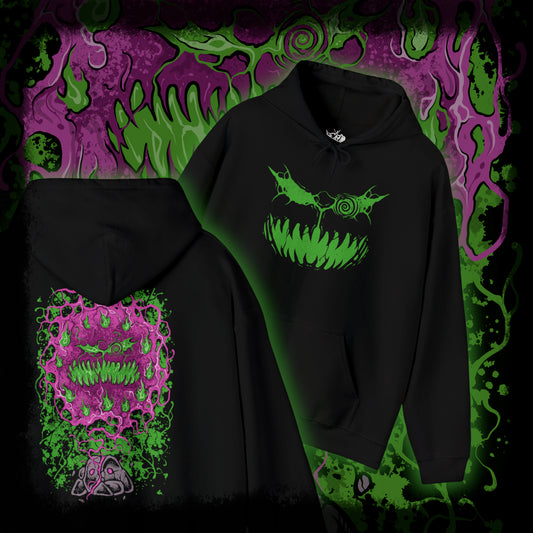 Thumbnail of a Hooded Sweatshirt of Spiritomb erupting from the cracked Odd Keystone, a swirling cloud of spectral faces glowing in violet light. Dark mist coils across the ground while ghostly energy distorts the air around the cursed stone. The composition emphasizes supernatural horror, imprisoned souls, and the ancient folklore that defines Spiritomb’s eerie presence in the Pokémon world.