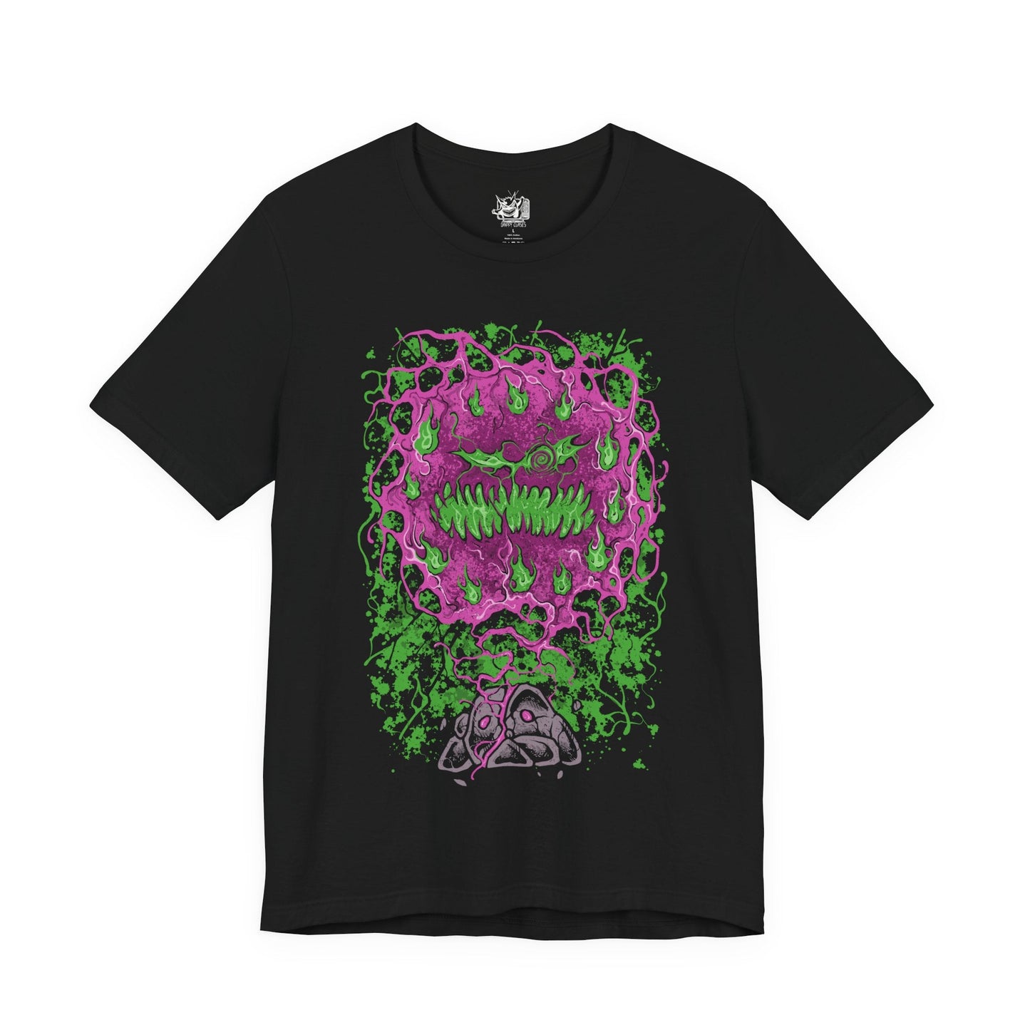 Image 4 of a T-shirt design of Spiritomb from Pokémon, emerging from the ancient Odd Keystone as swirling purple spirits form a chaotic vortex of cursed faces. The stone rests among cracked earth and eerie fog while spectral energy radiates outward. The design captures the legend of 108 trapped souls bound together, creating a haunting ghost-type presence that embodies resentment and eternal imprisonment.