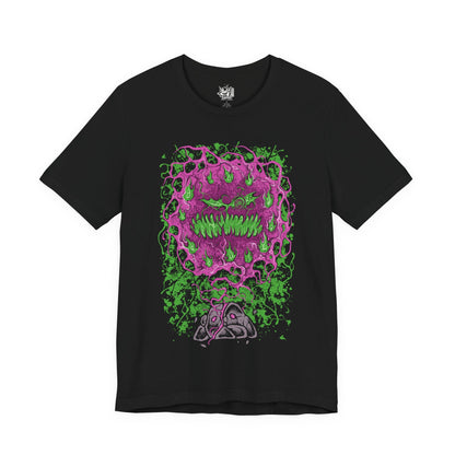 Image 4 of a T-shirt design of Spiritomb from Pokémon, emerging from the ancient Odd Keystone as swirling purple spirits form a chaotic vortex of cursed faces. The stone rests among cracked earth and eerie fog while spectral energy radiates outward. The design captures the legend of 108 trapped souls bound together, creating a haunting ghost-type presence that embodies resentment and eternal imprisonment.