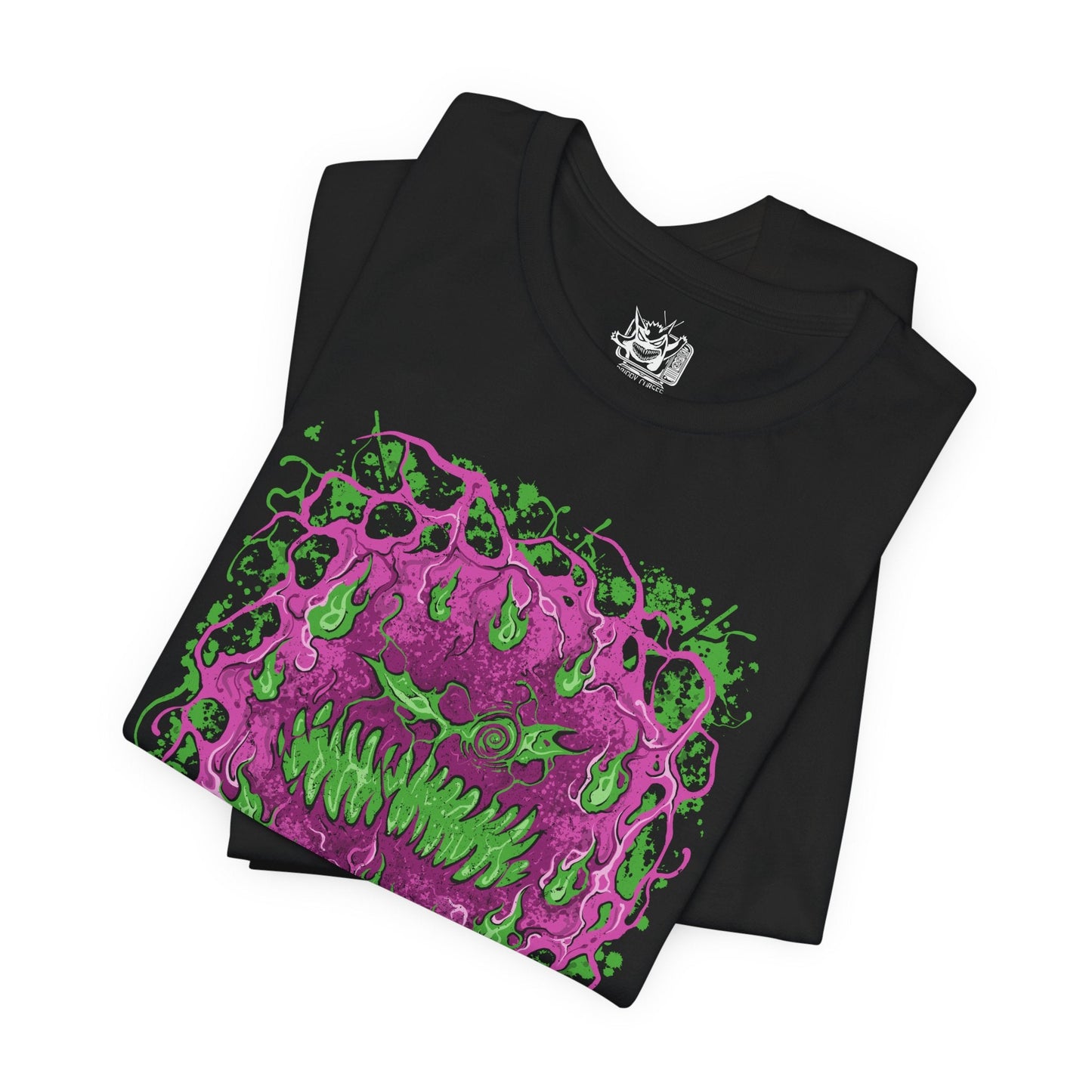 Image 5 of a T-shirt design of Spiritomb from Pokémon, emerging from the ancient Odd Keystone as swirling purple spirits form a chaotic vortex of cursed faces. The stone rests among cracked earth and eerie fog while spectral energy radiates outward. The design captures the legend of 108 trapped souls bound together, creating a haunting ghost-type presence that embodies resentment and eternal imprisonment.