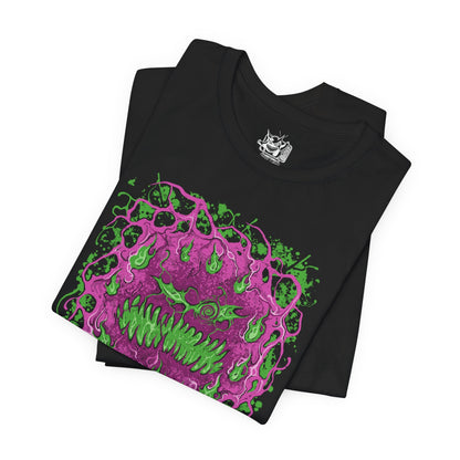 Image 5 of a T-shirt design of Spiritomb from Pokémon, emerging from the ancient Odd Keystone as swirling purple spirits form a chaotic vortex of cursed faces. The stone rests among cracked earth and eerie fog while spectral energy radiates outward. The design captures the legend of 108 trapped souls bound together, creating a haunting ghost-type presence that embodies resentment and eternal imprisonment.